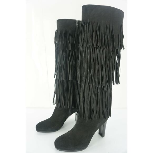 Stuart Weitzman Black Suede Fringie Knee High Boots SZ 7 N Narrow - Picture 3 of 10